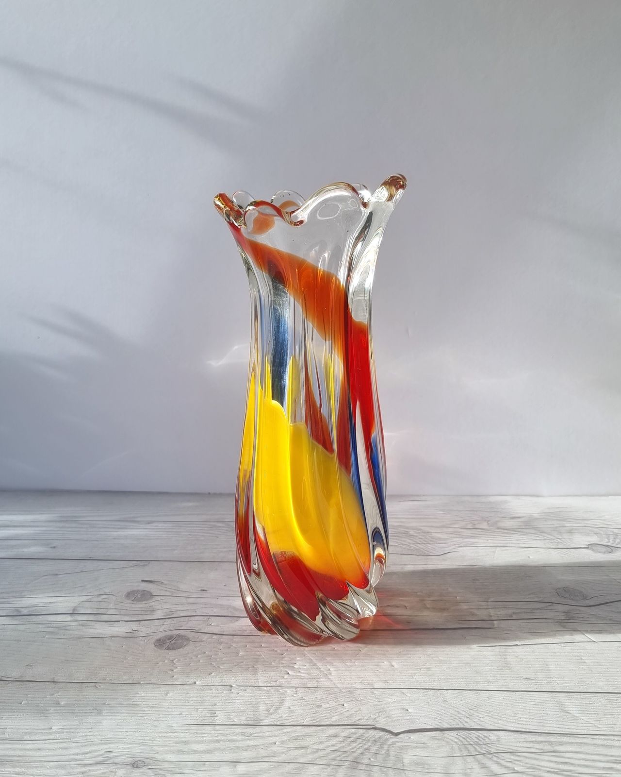 Iwatsu Hineri, Sculpted Apricot, Scarlet And Azure Striped Twist Vase, 1960s 70s, Japanese