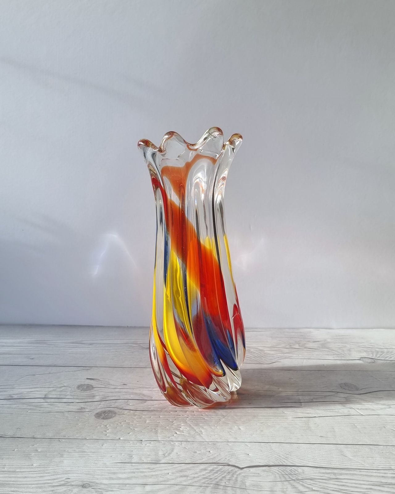 Iwatsu Hineri, Sculpted Apricot, Scarlet And Azure Striped Twist Vase, 1960s 70s, Japanese photo for sale