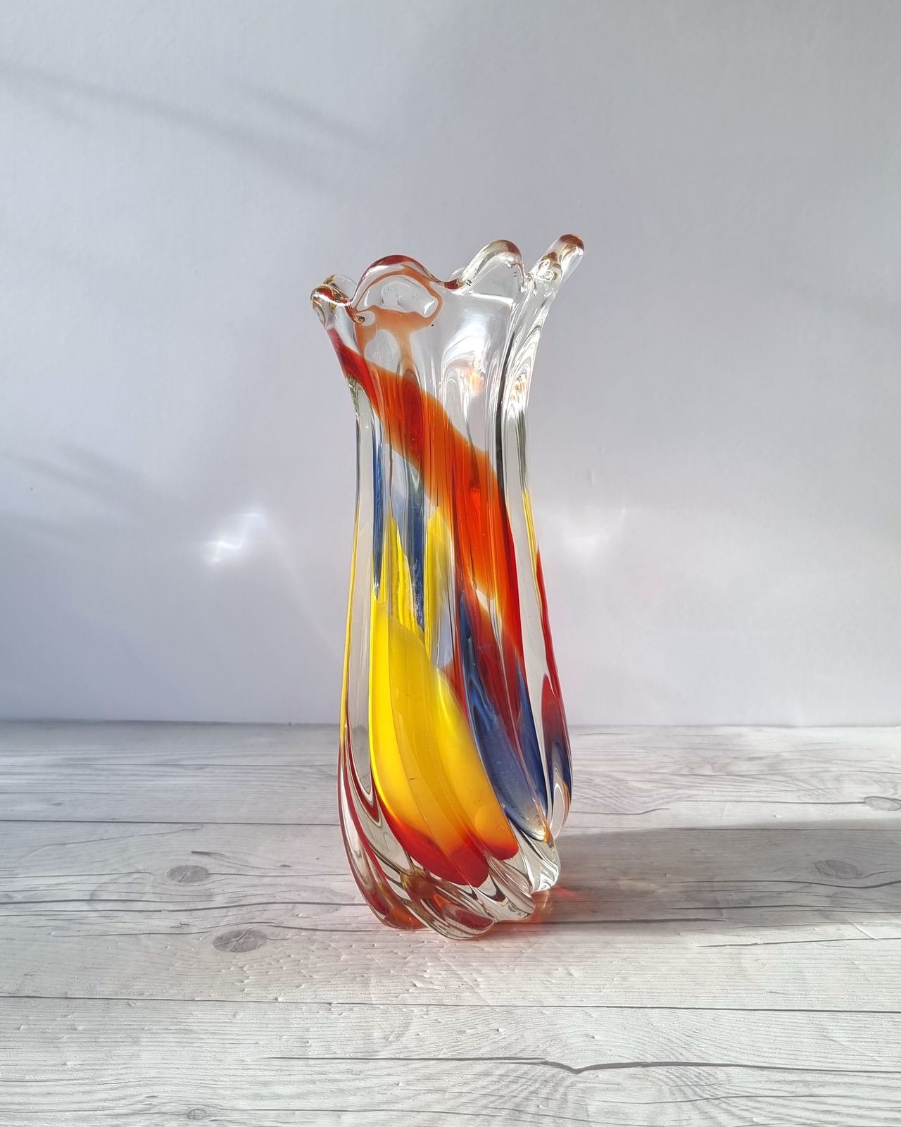 Iwatsu Hineri, Sculpted Apricot, Scarlet And Azure Striped Twist Vase, 1960s 70s, Japanese photo buy