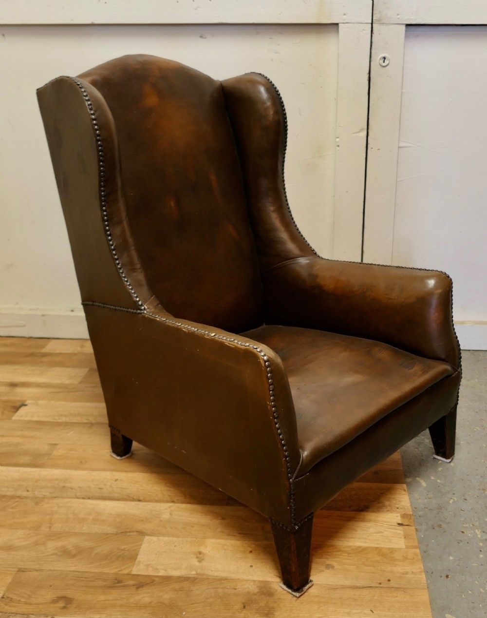 French Art Deco Wing Back Chair, In Dark Brown Leather photo furniture