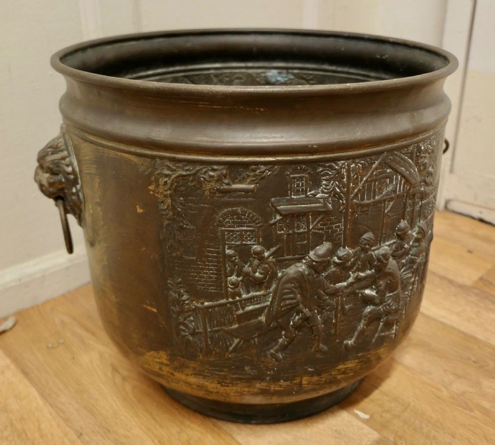 Arts And Crafts Brass Log Or Coal Bin, With Tavern Scenes photo Home Decor