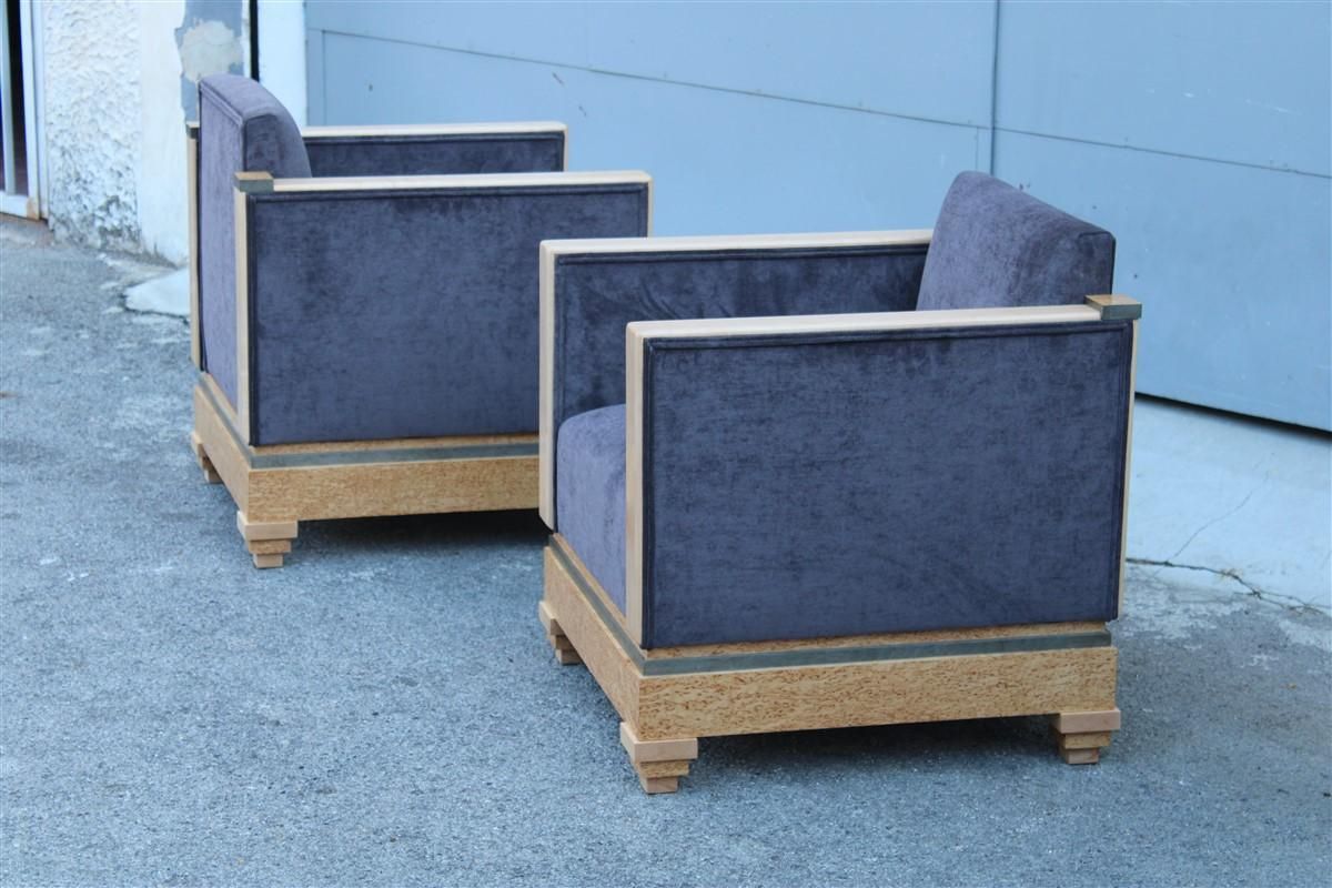 Art Decò Cockpit Armchairs In Maple Birch Burl 1930 Gray Velvet Italian Design photo for sale