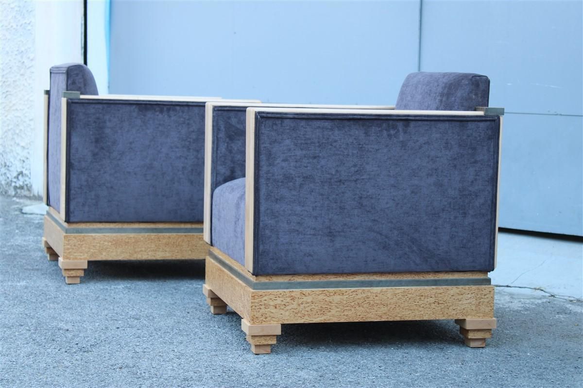 Art Decò Cockpit Armchairs In Maple Birch Burl 1930 Gray Velvet Italian Design photo Furniture