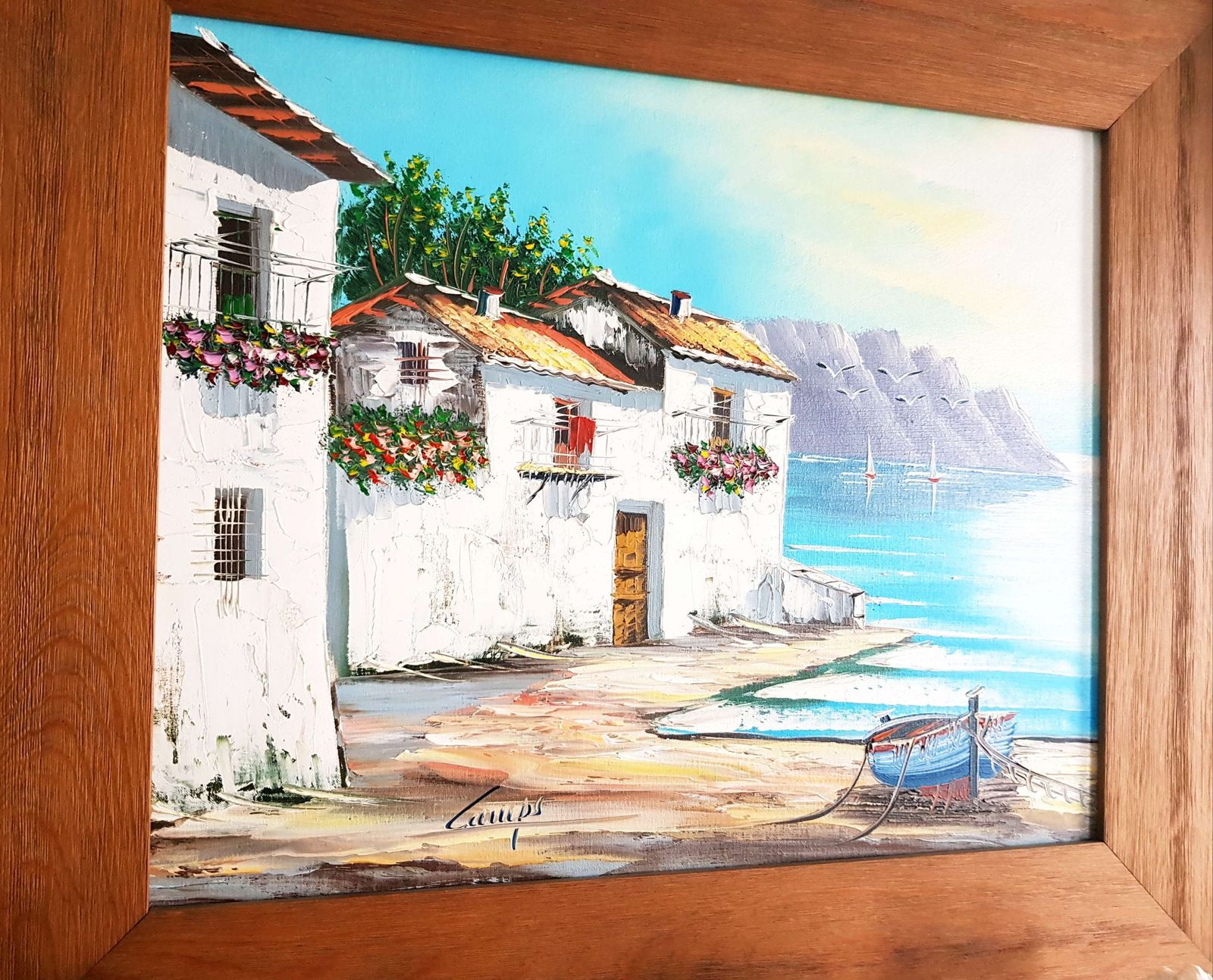Large Oil Painting Of Mediterranean Harbour Scene photo furniture