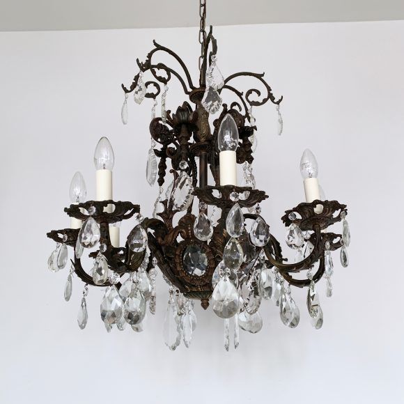 Large French Heavy Cast Brass Chandelier With Crystal Pears And Glass Flat Leaf Drops photo 1695.0