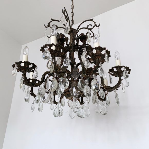 Large French Heavy Cast Brass Chandelier With Crystal Pears And Glass Flat Leaf Drops photo vinterior