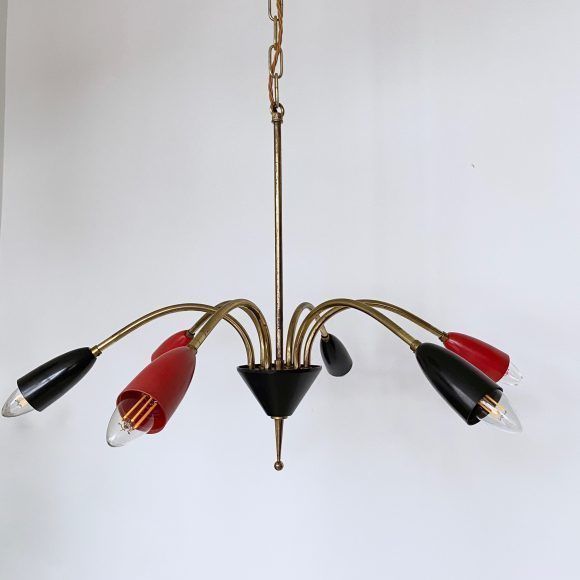 Mid Century Brass Sputnik Chandelier With Red And Black Shades photo Lighting