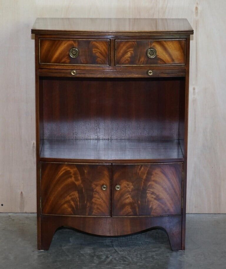 Pair Of Shaws London Bow Fronted Side Bookcase Tables + Butlers Serving Trays photo for sale