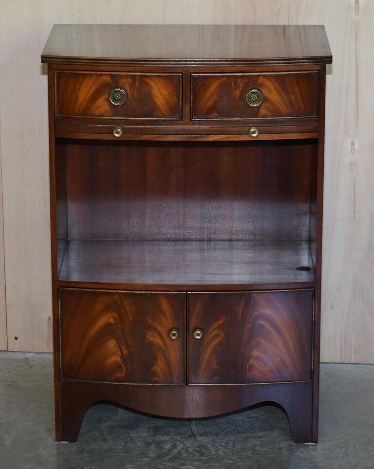 1950.0 Pair Of Shaws London Bow Fronted Side Bookcase Tables + Butlers Serving Trays photo
