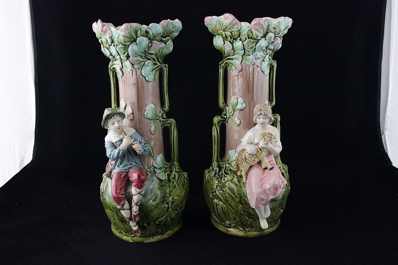 Pair Of Vases With Reliefs Of Children And Foliage In Art Nouveau Style, Early 20th Century photo furniture
