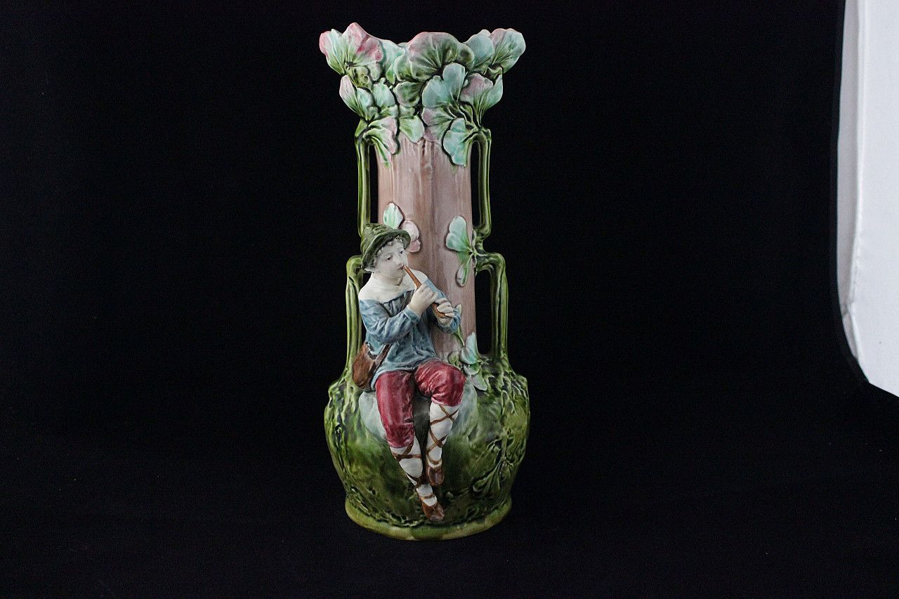 Pair Of Vases With Reliefs Of Children And Foliage In Art Nouveau Style, Early 20th Century photo for sale