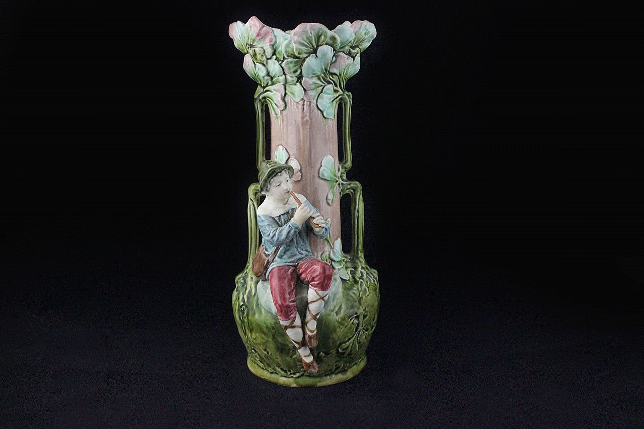 Pair Of Vases With Reliefs Of Children And Foliage In Art Nouveau Style, Early 20th Century photo vintage