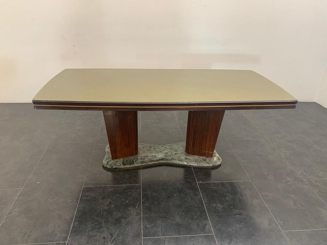 Rosewood Table With Glass Top And Green Alpi Marble Base By Vittorio Dassi For Dassi, 1950s photo for sale