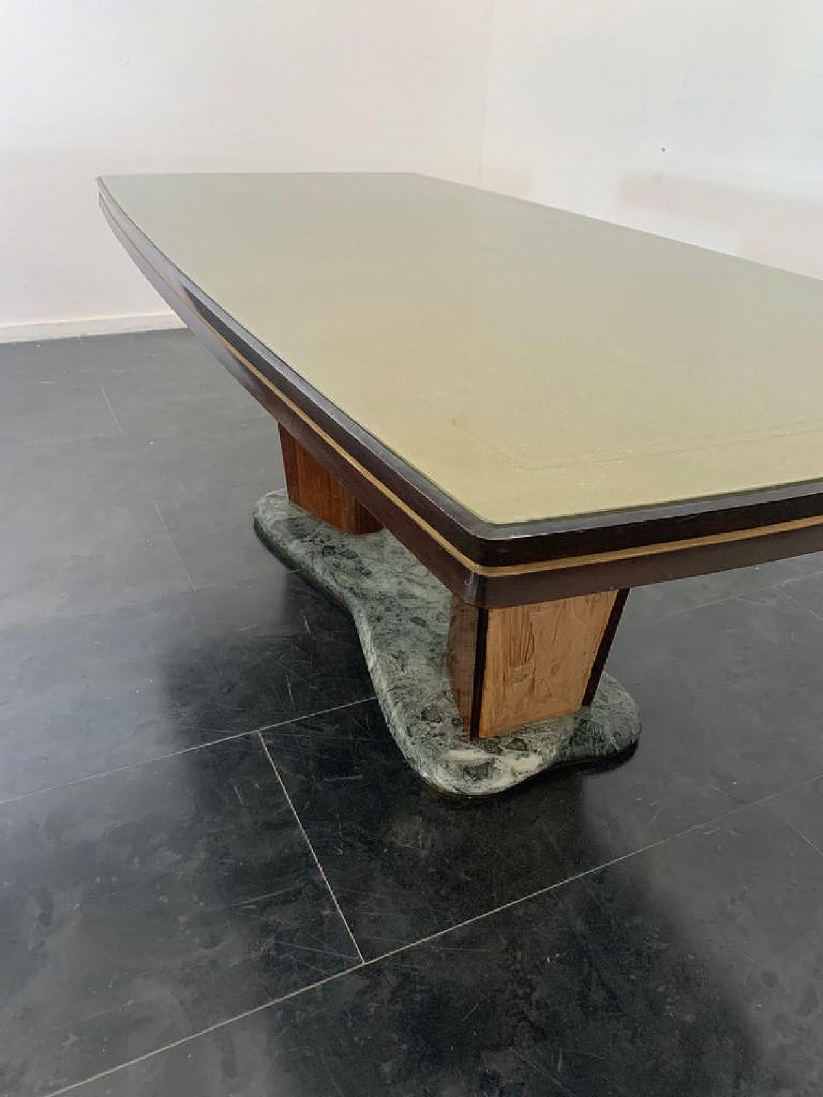 Rosewood Table With Glass Top And Green Alpi Marble Base By Vittorio Dassi For Dassi, 1950s photo 5976.88