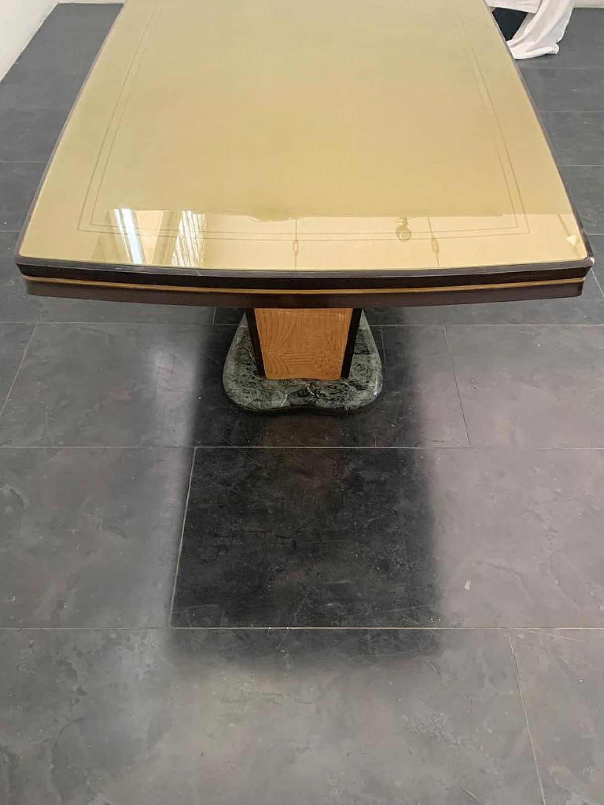 Rosewood Table With Glass Top And Green Alpi Marble Base By Vittorio Dassi For Dassi, 1950s photo vinterior