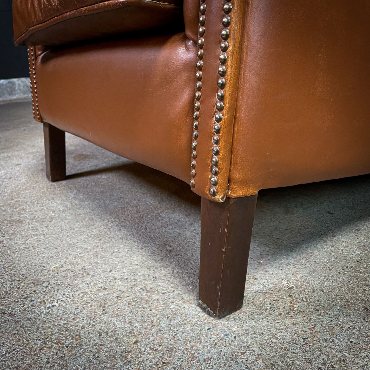 Vintage Cognac Sheepskin Leather Wingback Armchair photo Furniture