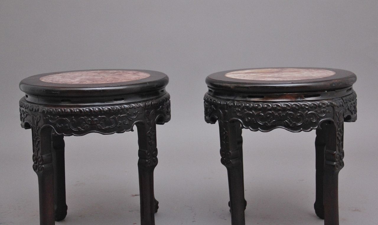 A Pair Of 19th Century Chinese Carved Hardwood Occasional Tables photo vintage