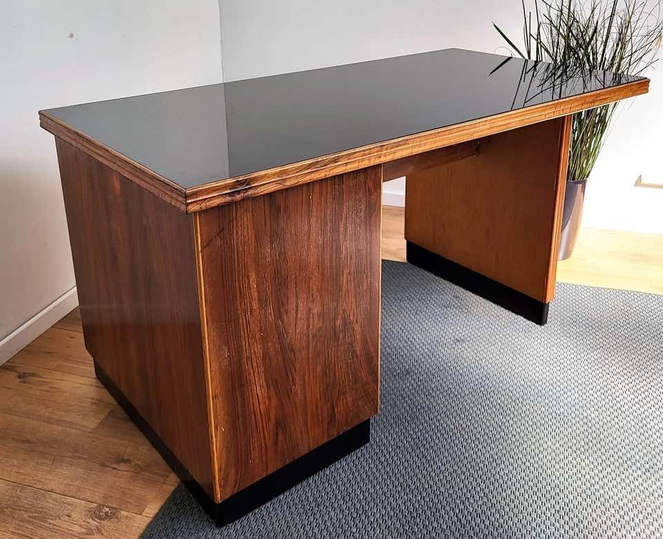 1960s Italian Art Deco Midcentury Walnut Brass Desk Writing Table photo 1996.0