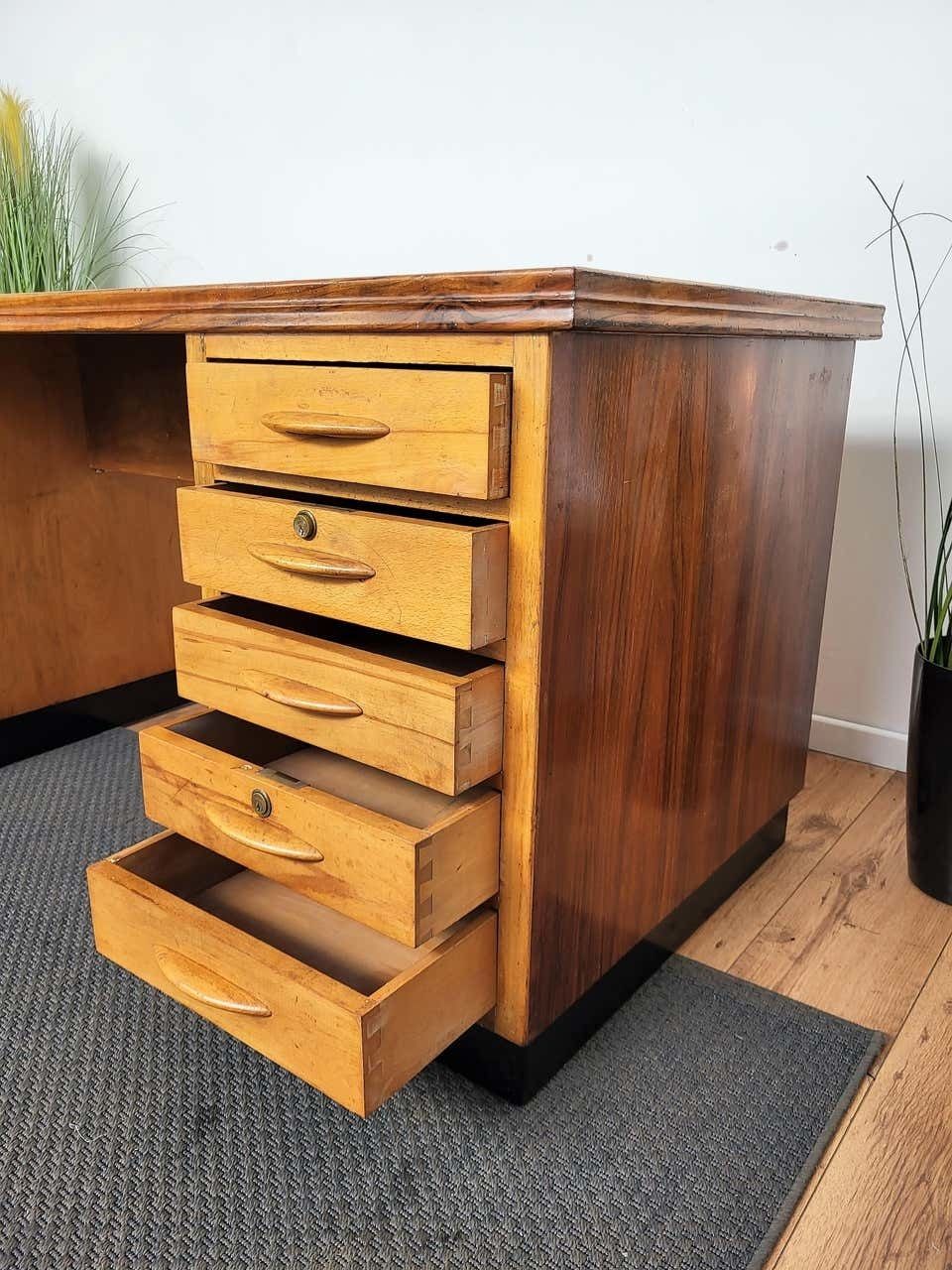 1960s Italian Art Deco Midcentury Walnut Brass Desk Writing Table photo vintage