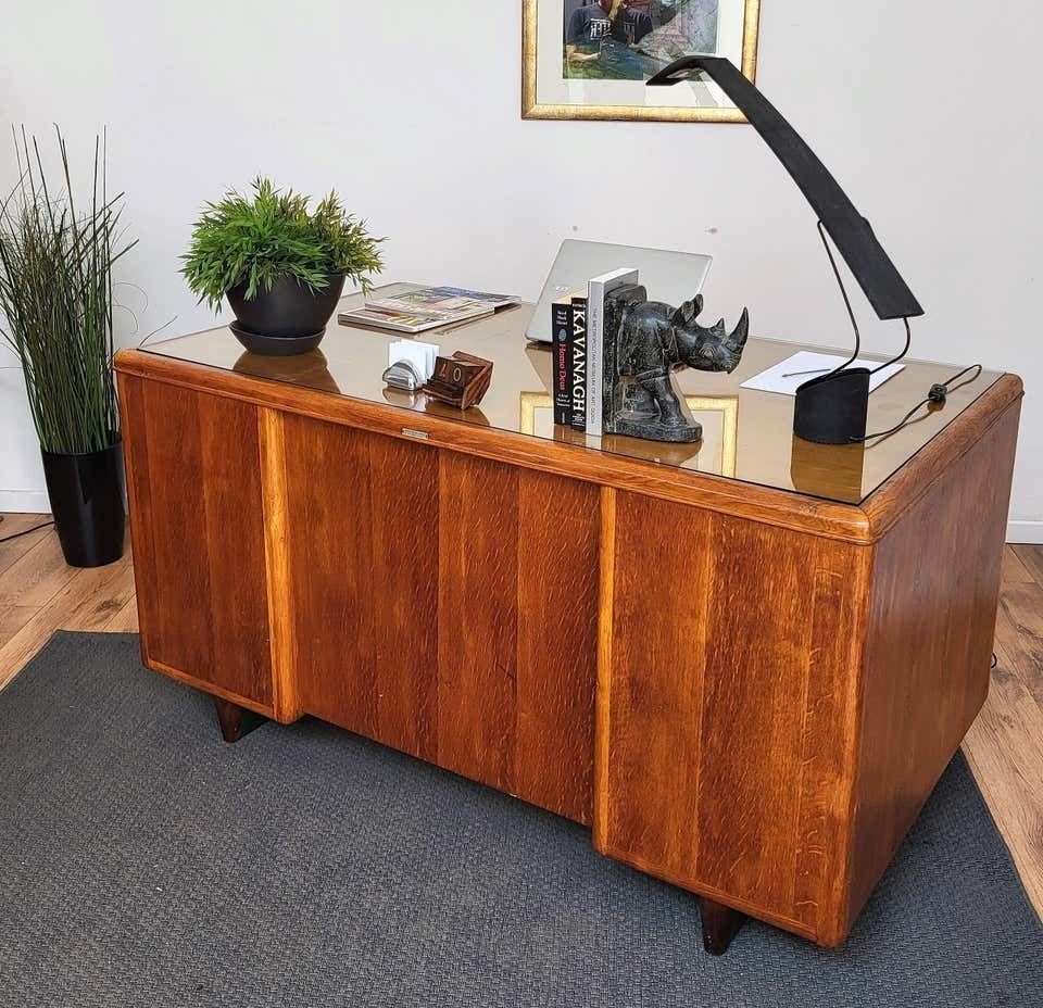 1950s Mid Century Modern Italian Walnut Wood Brass And Glass Writing Desk Table photo furniture