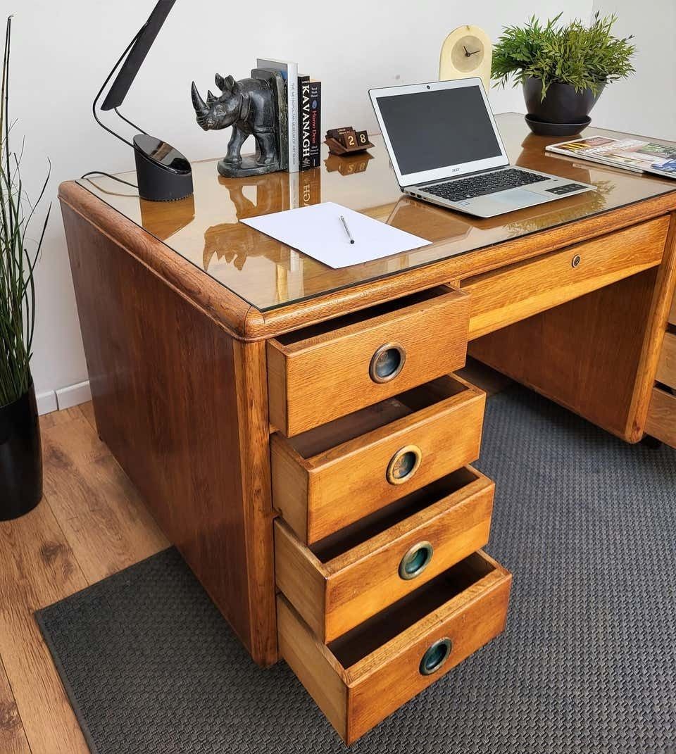 1950s Mid Century Modern Italian Walnut Wood Brass And Glass Writing Desk Table photo Furniture
