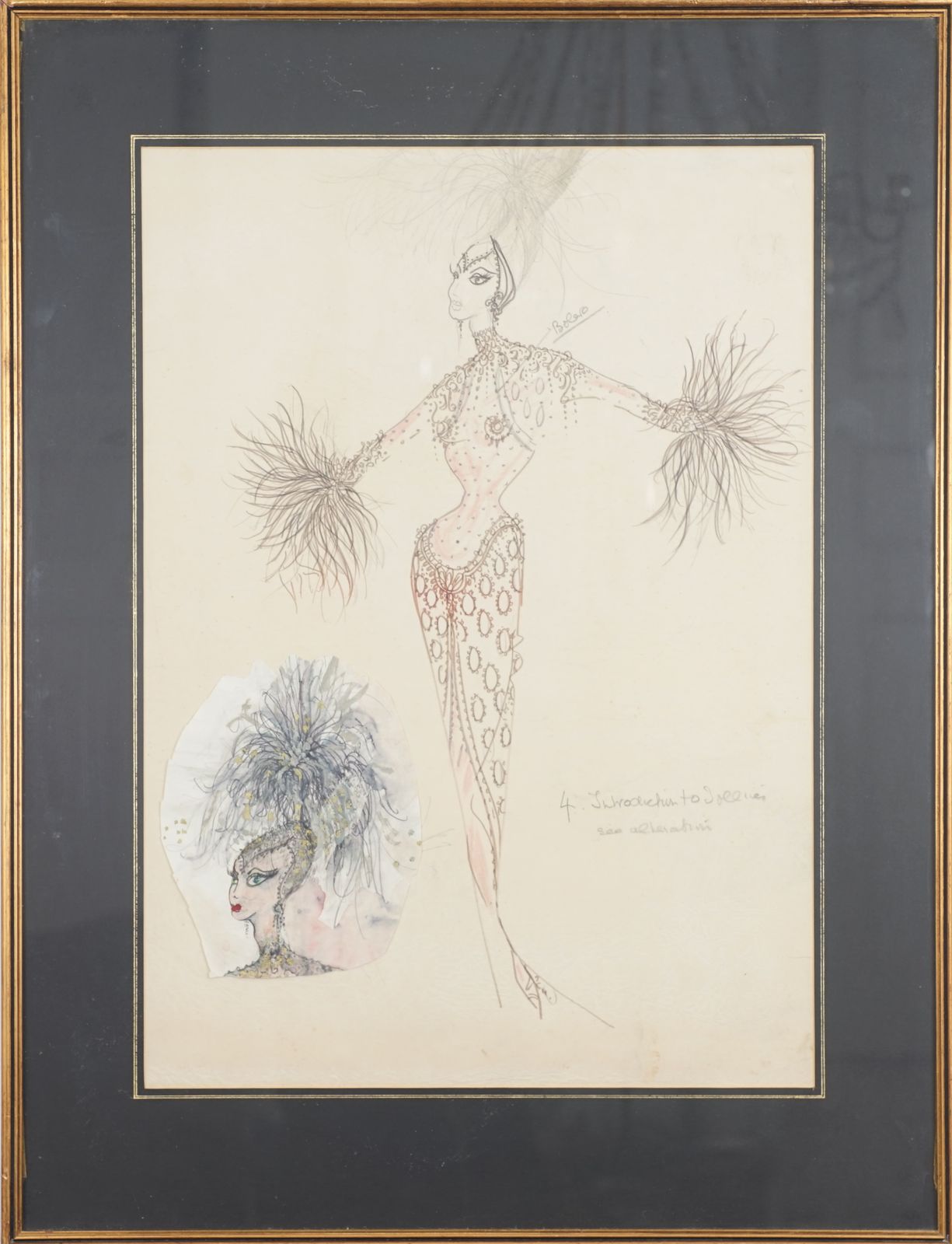 Framed Theatre Costume Design Sketch By Robert St. John Roper (B.1913 D.1977)