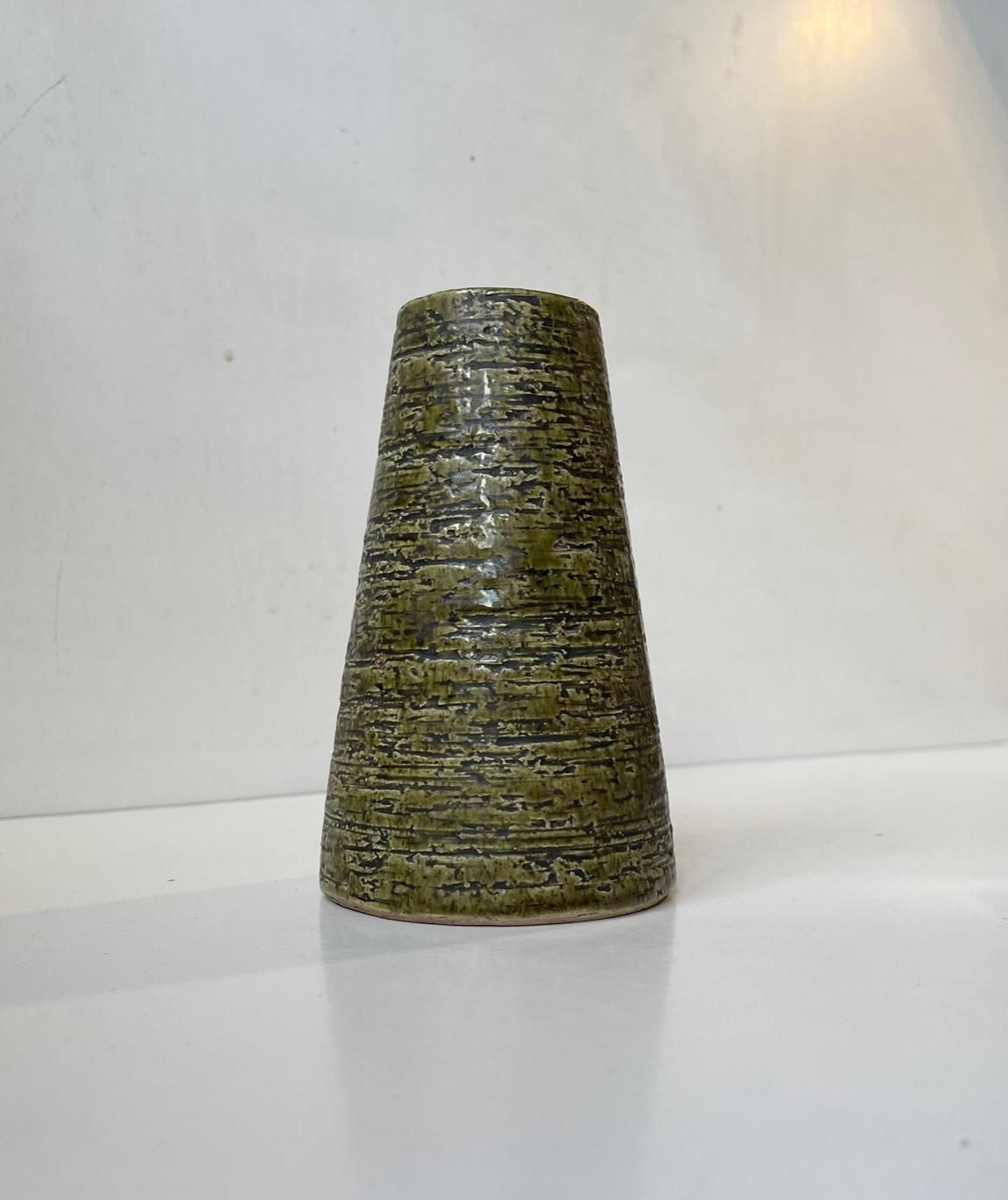 Gunnar Nylund Green Chamotte Vase In Stoneware, Sweden, 1960s