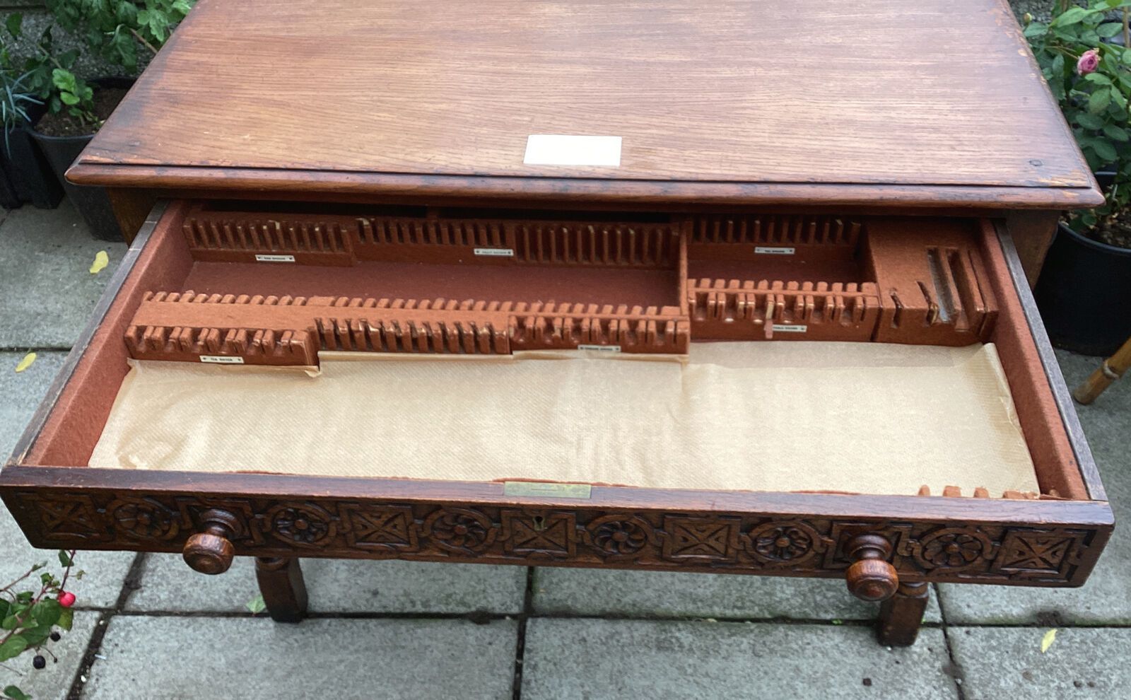 photo for sale 1954 Carved Oak Table / Large Canteen With Silver Plaque. Gifted To Mrs Craggs