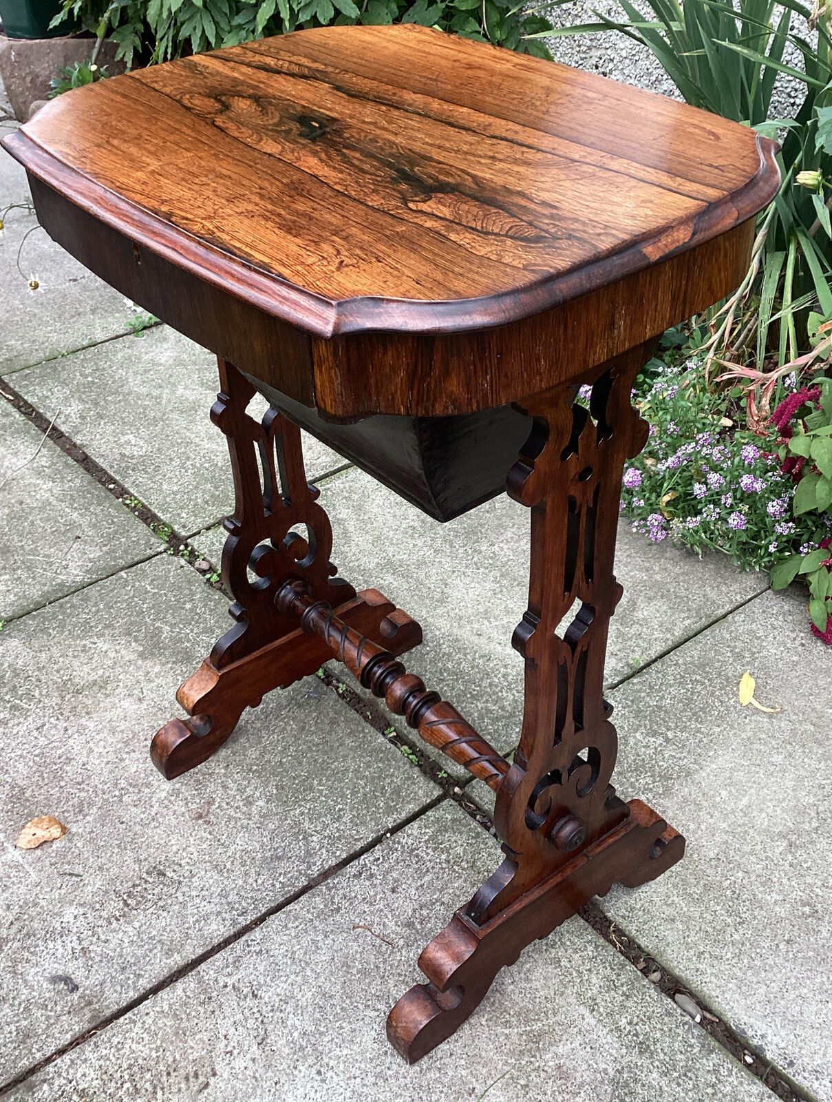 Beautiful Victorian Rosewood Sewing Work Table Ornate Legs Turned Stretcher photo furniture