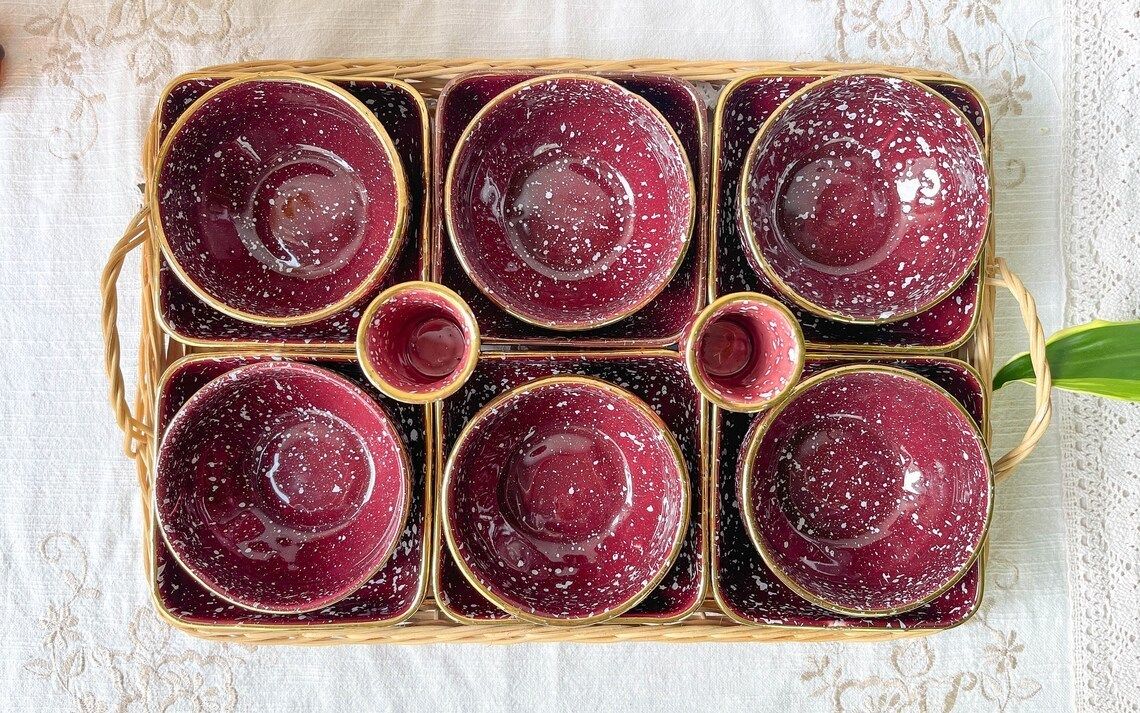 Serving Tray 12 Speckled Burgundy Gold Ceramic Ramekins ~ Speckled Burgundy Ceramic Bowl ~ Aperitif Service ~ Breakfast photo for sale