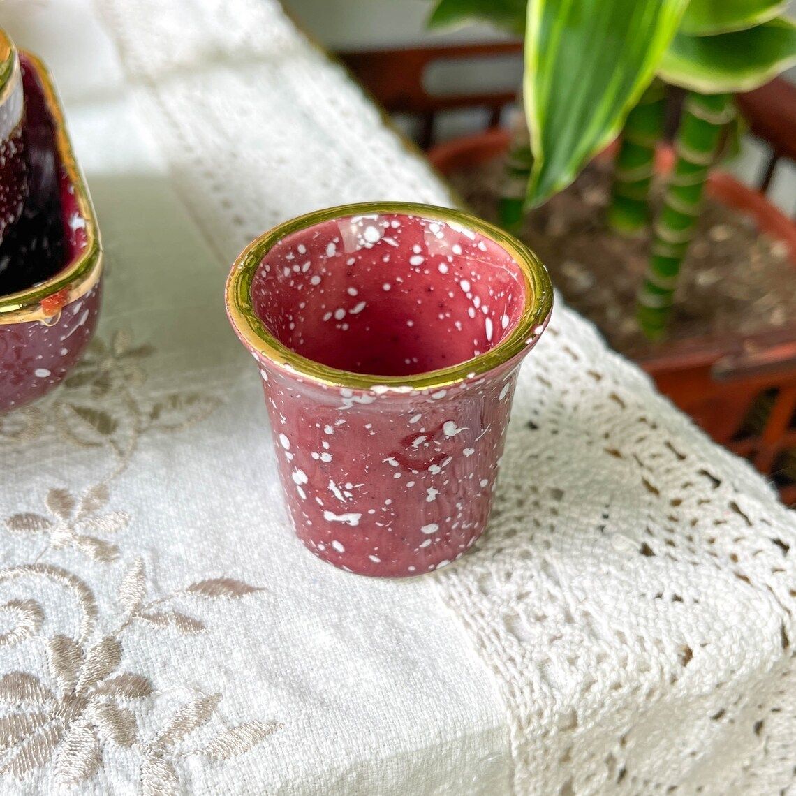 photo furniture Serving Tray 12 Speckled Burgundy Gold Ceramic Ramekins ~ Speckled Burgundy Ceramic Bowl ~ Aperitif Service ~ Breakfast