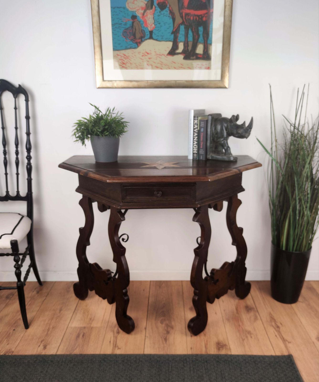 19th Century Solid Walnut Baroque Lyre Leg Inlay Demi Lune Console Table photo furniture