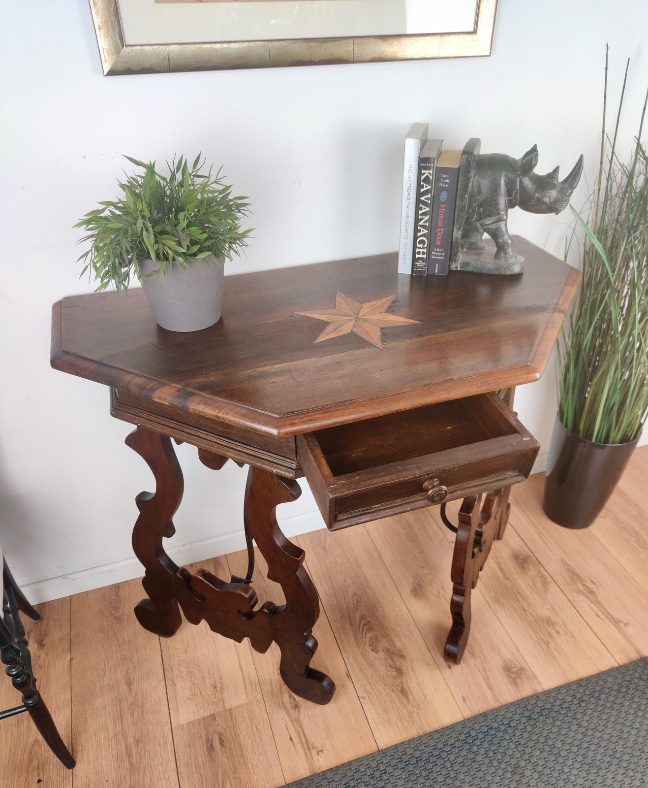 19th Century Solid Walnut Baroque Lyre Leg Inlay Demi Lune Console Table photo for sale