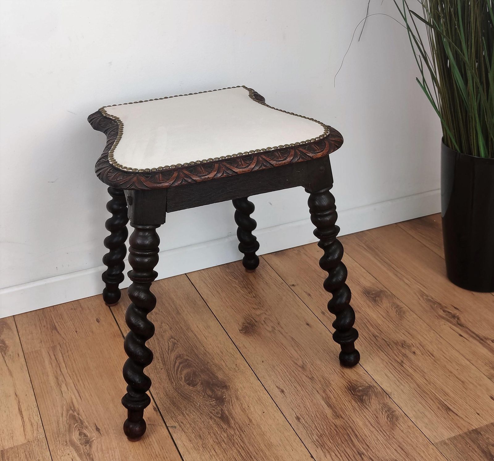 Antique Needlepoint Re Upholstered Carved Beveled Top Barley Twist Legs Stool photo furniture