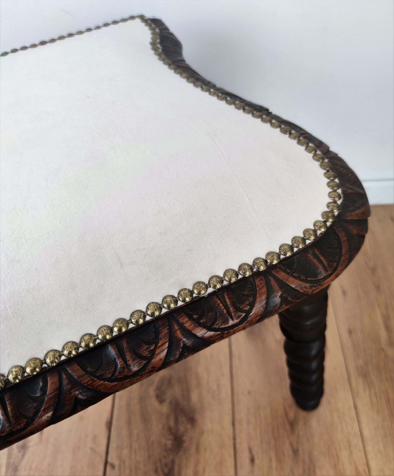 Antique Needlepoint Re Upholstered Carved Beveled Top Barley Twist Legs Stool photo for sale