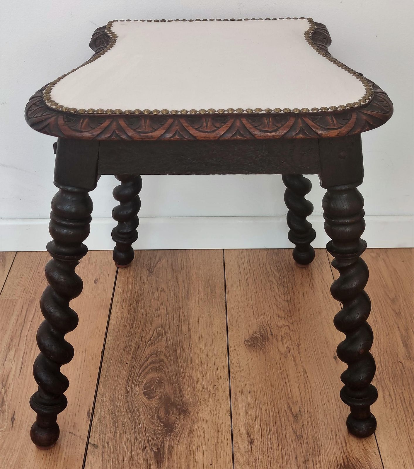 Antique Needlepoint Re Upholstered Carved Beveled Top Barley Twist Legs Stool photo Furniture