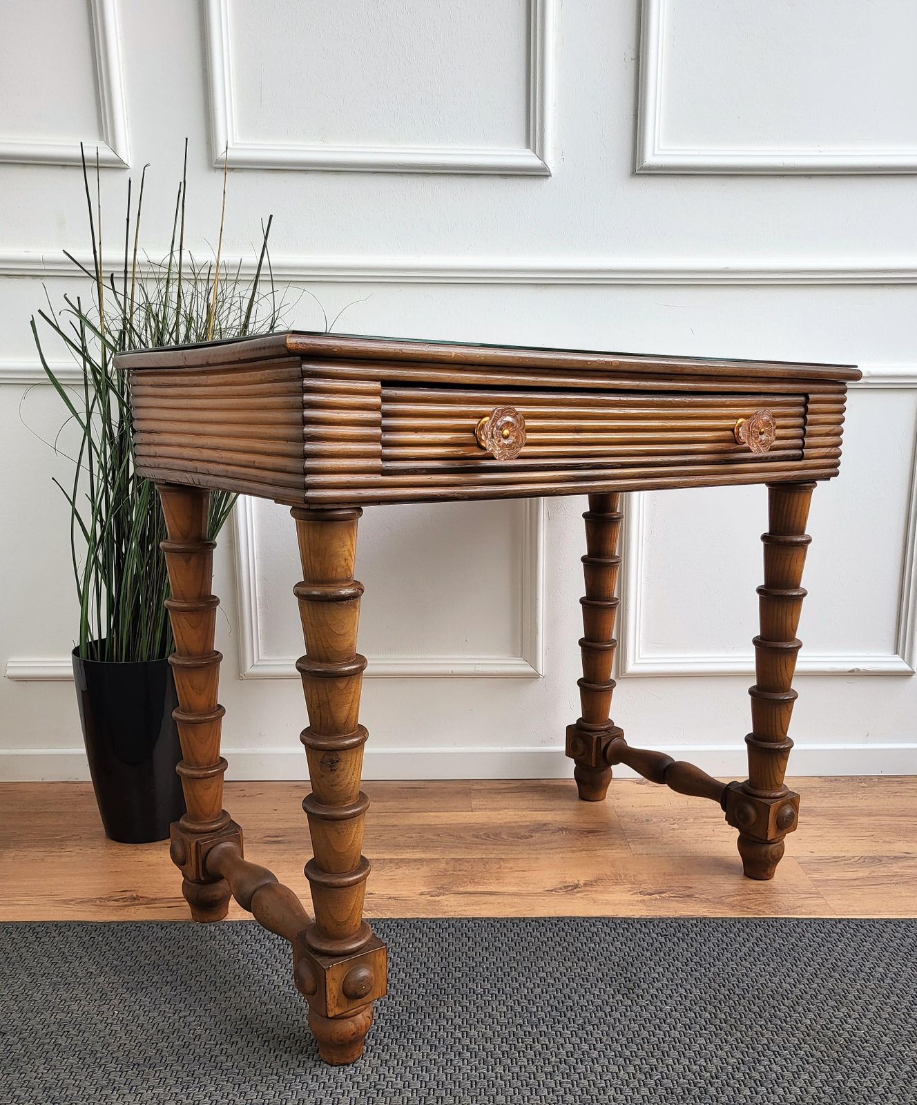 1960s Italian Art Deco Mid Century Walnut Brass Glass Top Desk Writing Table photo 2224.0