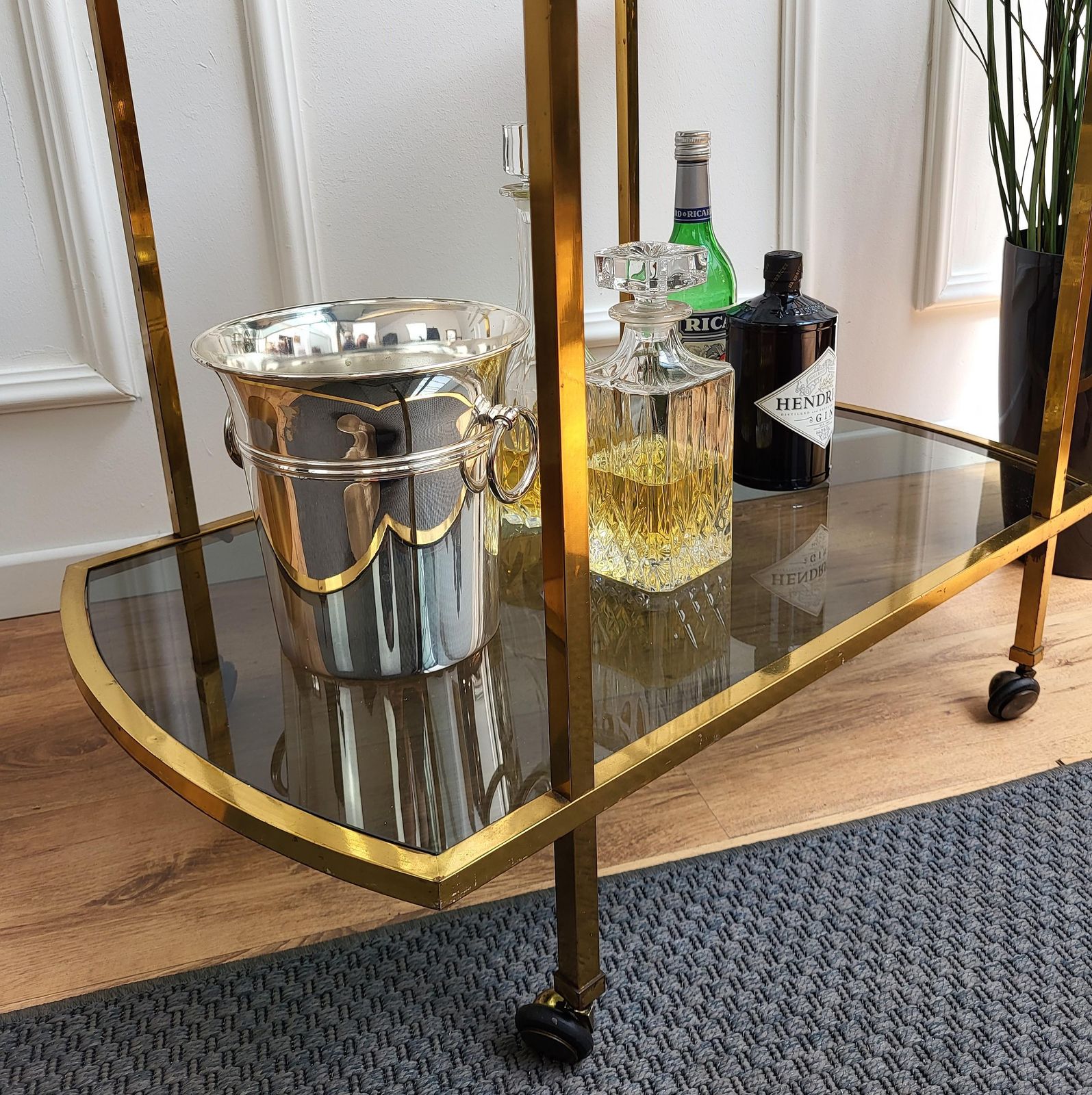 1960s Italian Two Tier Brass And Glass Bar Cart With Dark Glass Top photo vinterior