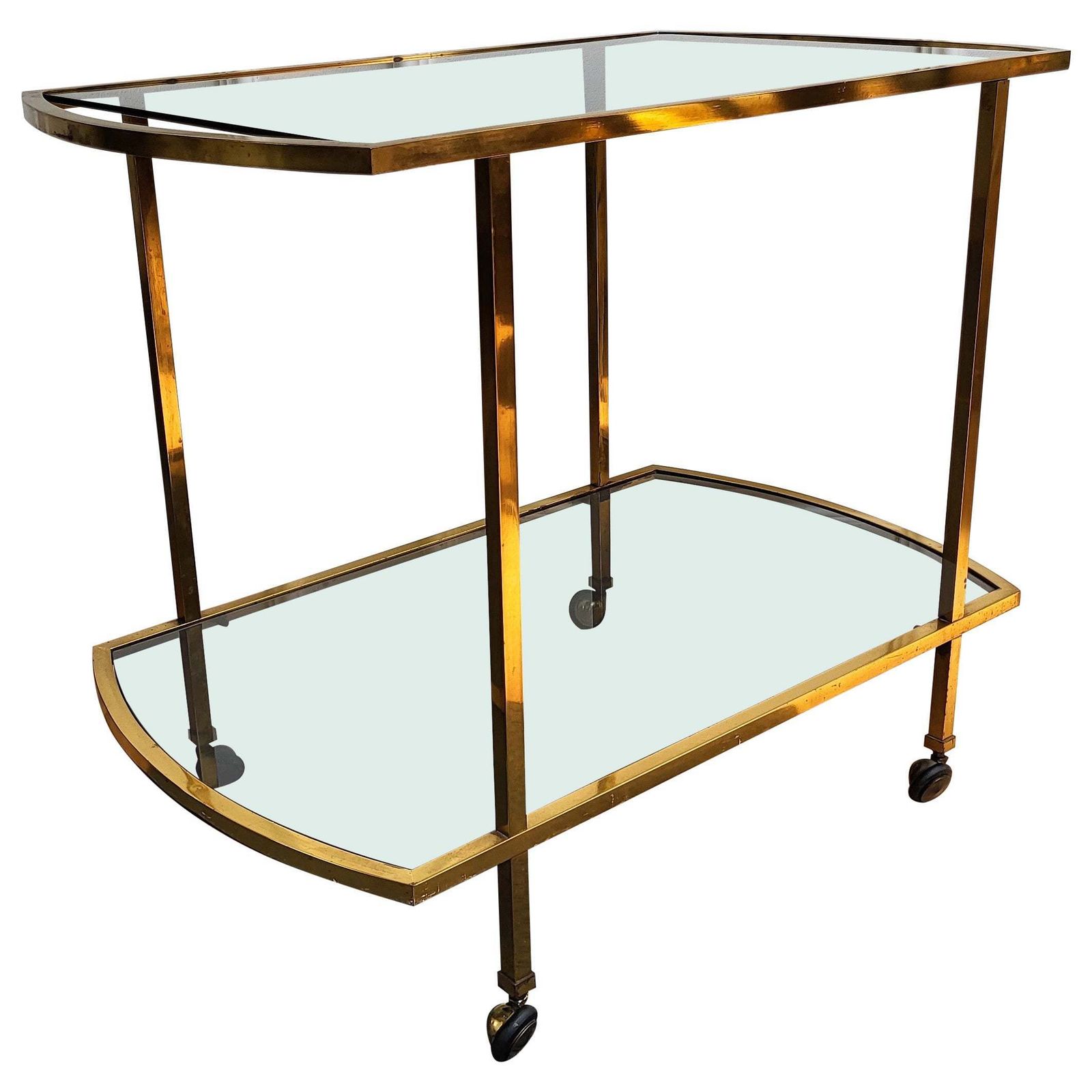 1960s Italian Two Tier Brass And Glass Bar Cart With Dark Glass Top