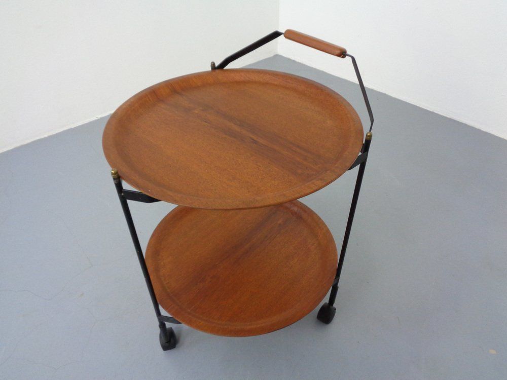 Mid Century Folding Teak & Metal Serving Bar Cart 1960s photo vintage
