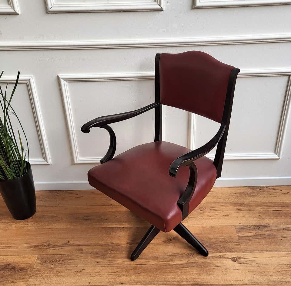 1970s Italian Bordeaux Leather & Wood Open Arm Turning Office Desk Chair photo buy