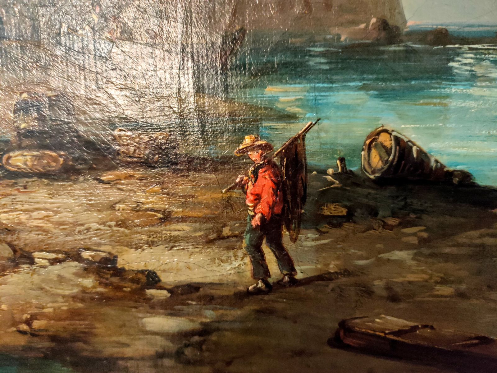Oil Painting   19th Century Continental Scene W/ Fishermen In A Harbour photo Art