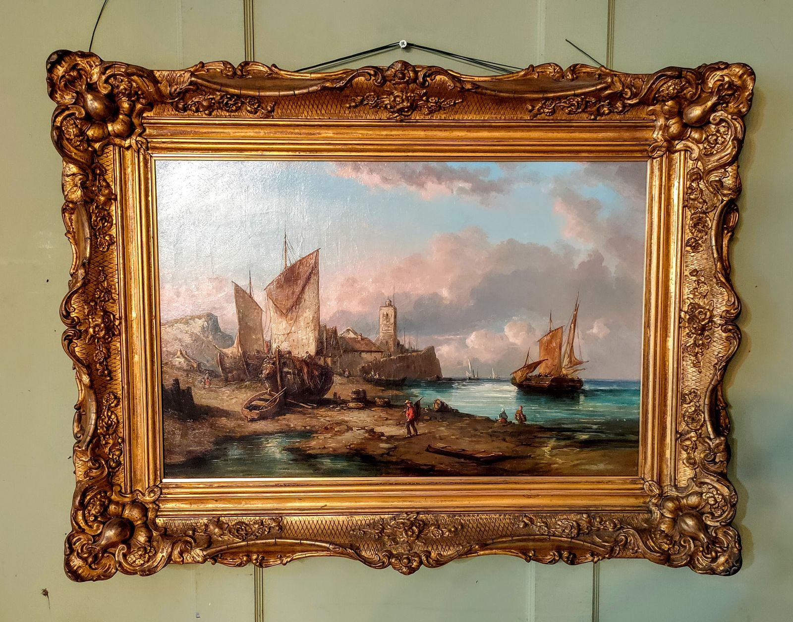 Oil Painting   19th Century Continental Scene W/ Fishermen In A Harbour