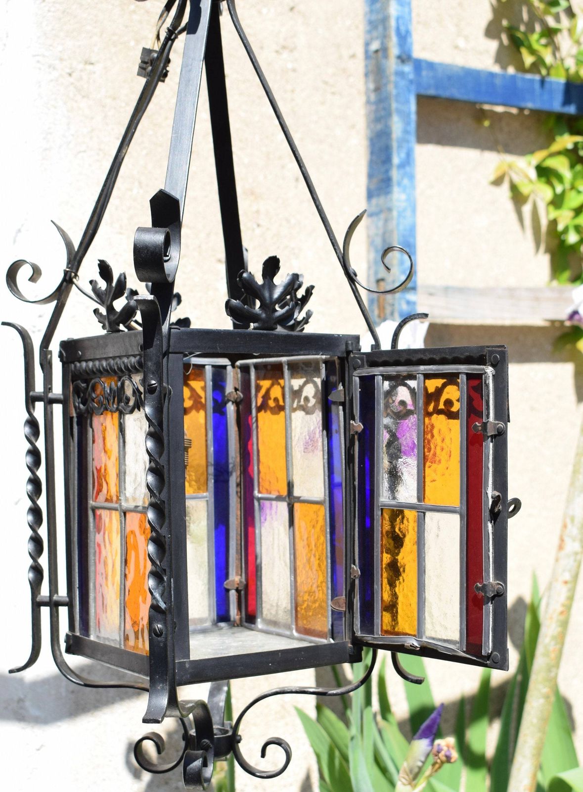 Stained Glass Black Lantern Chandelier Hall Porch Vintage photo buy