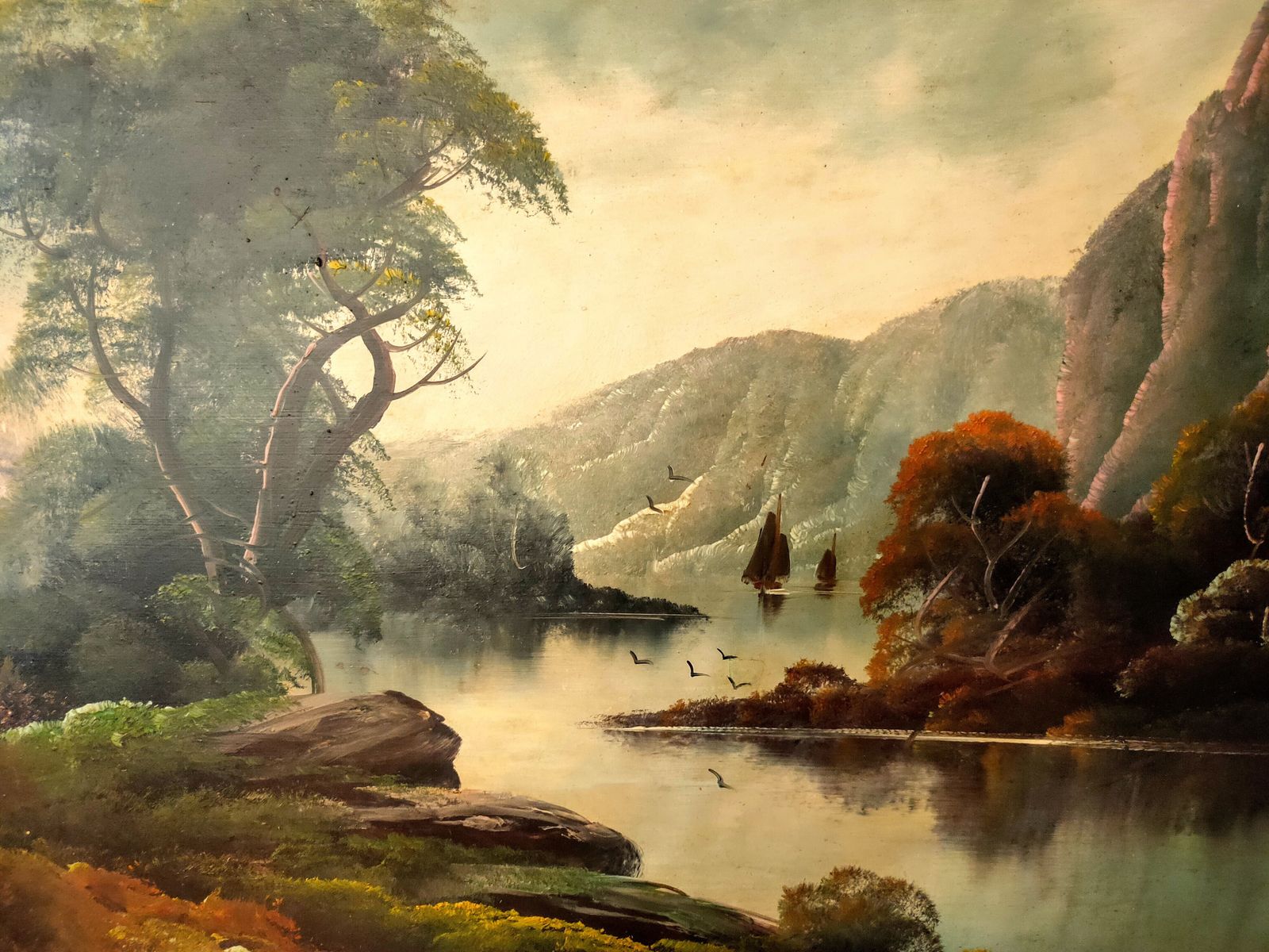 Oil Painting   Lake And Hills Scene With Geese On The River photo furniture