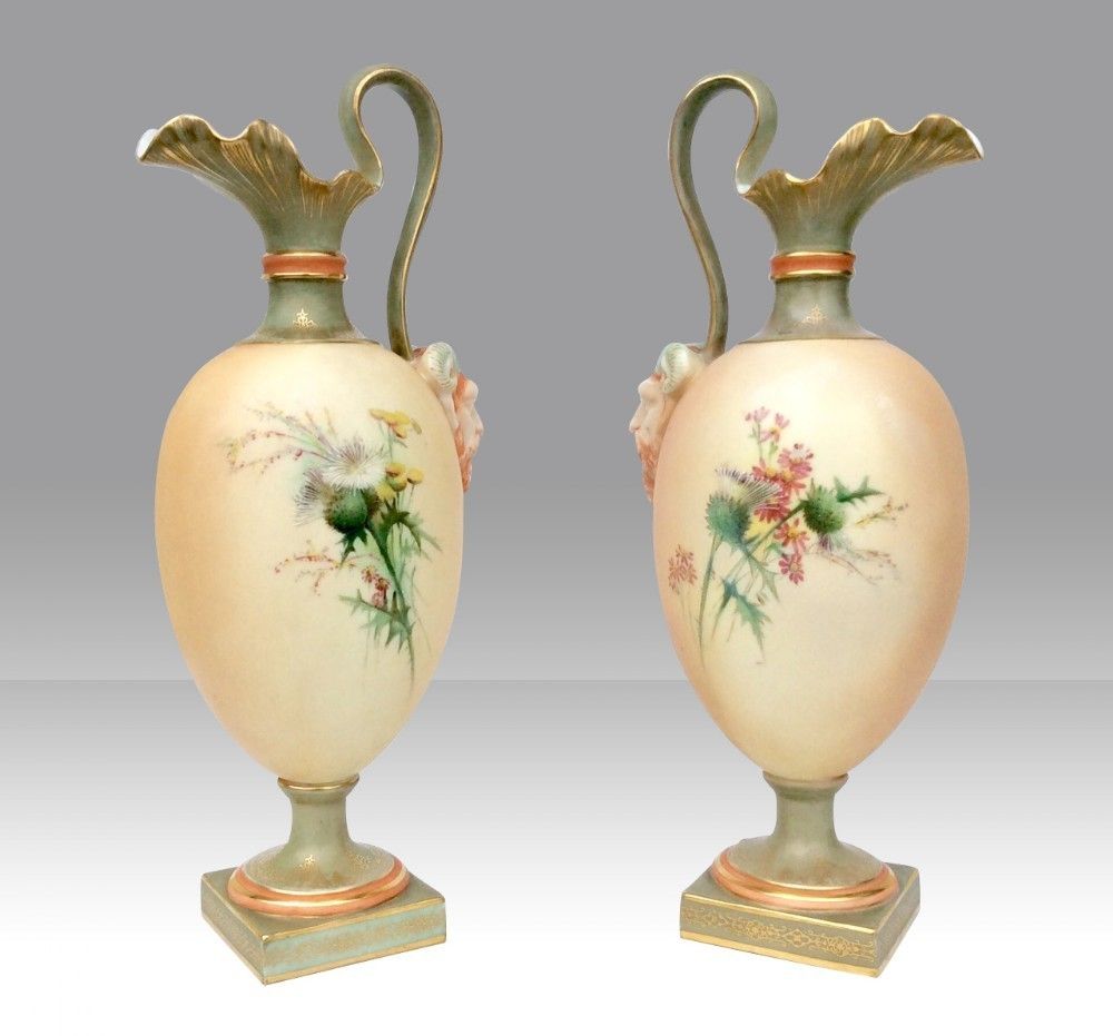Beautiful Pair Of Antique Royal Worcester Pedestal Ewers Vases. photo furniture