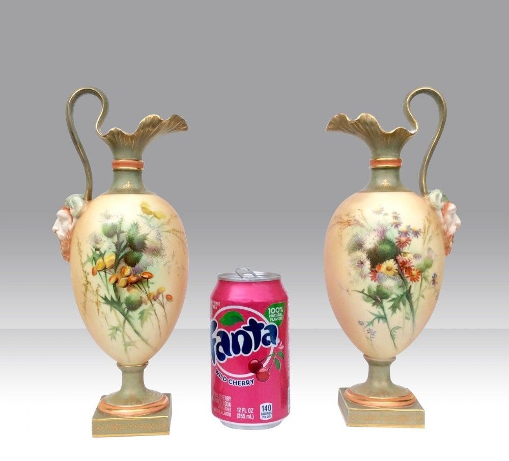 Beautiful Pair Of Antique Royal Worcester Pedestal Ewers Vases. photo for sale