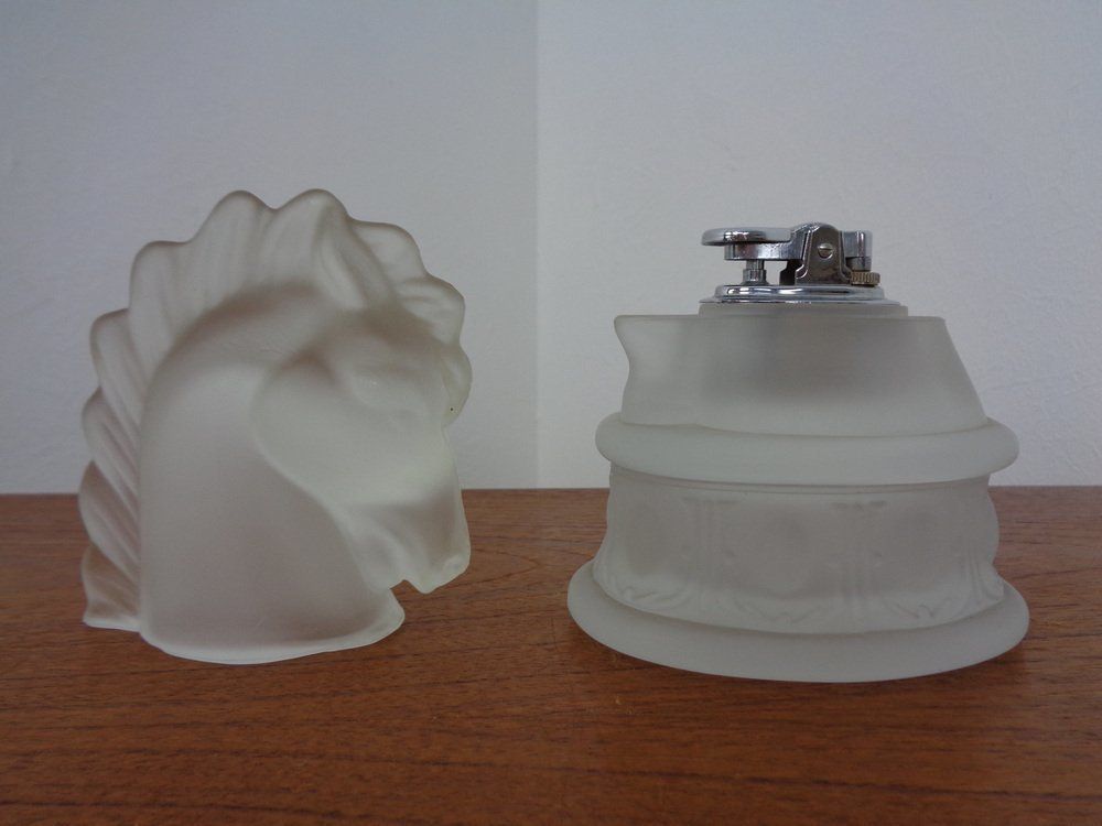 French Horse Lighter & Ashtray In Frosted Crystal Glass, 1960s, Set Of 3 photo vinterior