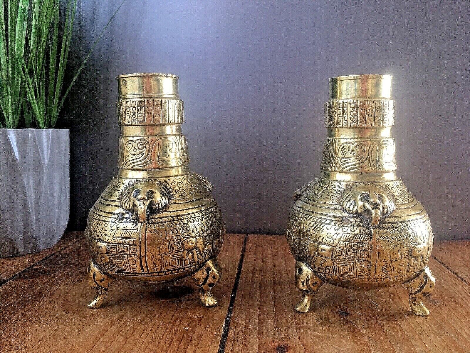 Unusual Antique Chinese Bronze Brass Urn Vases Elephant Feet Lion Mask 19th 20th