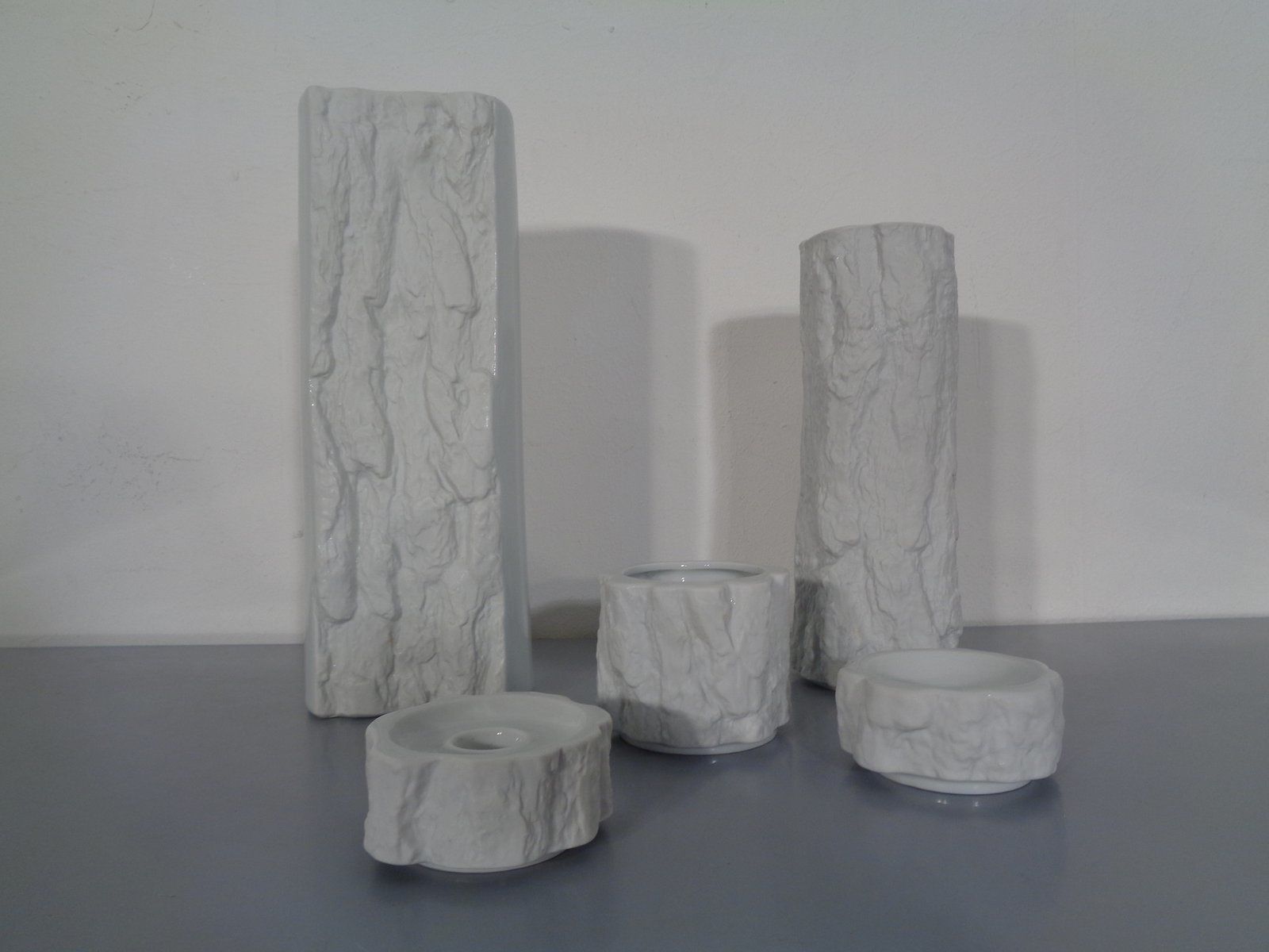 Bisque Porcelain Op Art Vases Candleholders And Ashtrays By Ernst Fenzi For Bareuther 1970s  Set Of 5 photo for sale